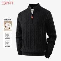 Esprit 黑色半拉链麻花针织衫男士秋冬新款长绒棉保暖舒适毛衣外套