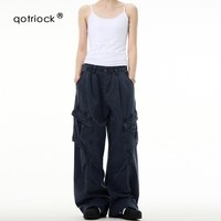 移动端：QOTRIOCK 美式复古水洗褶皱牛仔裤男女秋季潮牌街头宽松解构阔腿工装拖地裤