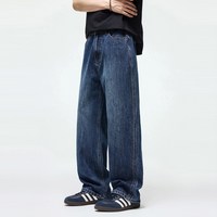 移动端：KUVINE 美式复古怀旧水洗蓝色牛仔裤男款cleanfit潮牌宽松直筒长裤