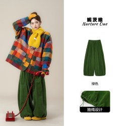 妮茨维 日系复古风彩色格子拼接毛呢外套女秋季新款宽松加厚保暖棉服上衣
