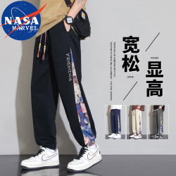 NASA MARVEL 休闲裤春秋季男士刺绣薄款潮流户外运动宽松束脚系带裤 黑色 XL