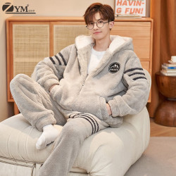 姿妍梦睡衣男秋冬季珊瑚绒加厚加绒青少年可外穿保暖家居服男士休闲套装 3158#款 2XL 码