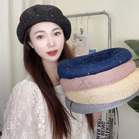 韩版镂空亮片小众黑色星星贝雷帽子女网眼圆顶日系时尚画家蓓蕾帽