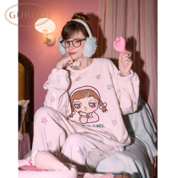 果壳 睡衣女冬季毛绒保暖卡通甜美星星满印套头家居服套装可外穿