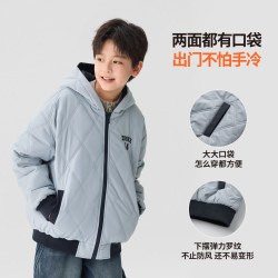 左西 童装男童双面穿棉服2026新款儿童连帽夹棉外套秋冬季轻薄棉衣 蓝色 130 cm