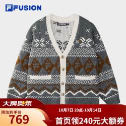 斐乐 FUSION潮牌情侣款编织外套2025冬季新款时尚休闲V领开衫 中深花灰-MG XL 180/100A/XL