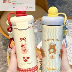 316不锈钢ins风高额值保温杯浮球杯卡通大容量吸管杯学生户外提绳 INS风潮流保温杯/柠檬小熊/600ml