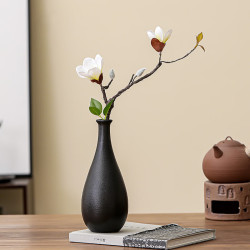 京东鲜花 中古风黑色陶瓷小花瓶客厅茶几桌面玉兰仿真花假花禅意装饰摆件