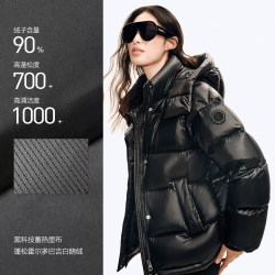 太平鸟 高蓬收腰黑色连帽羽绒服女泡芙发热面包服冬新