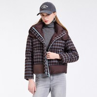 移动端:乔万尼 复古格纹羽绒服女短款连帽90绒白鸭绒保暖面包服外套