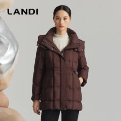 Landi 蓝地立领连帽90白鹅绒腰部抽绳收腰羽绒服女中长款冬新品