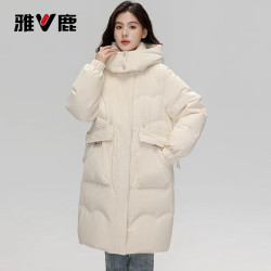 雅鹿 羽绒服女中长款2024冬季新时尚款休闲连帽外套女 米白色 S