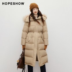 红袖 高智风大毛领羽绒服女冬季新款抽绳连帽加厚中长款保暖外套女