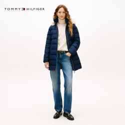 TOMMY HILFIGER Tommy秋冬女装潮流休闲通勤绗缝修身中长款毛领连帽羽绒服外套