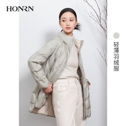 HONRN/红人轻薄无帽白鹅绒羽绒服外套女款中长款冬季HI55YR439