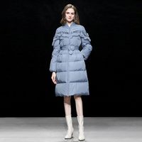 冬季2026新款女装雾蓝色立领中长款白鸭绒羽绒服加厚收腰过膝