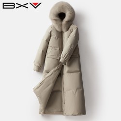 BXV 狐狸大毛领羽绒服女中长款2026冬季新款宽松保暖加厚连帽外套