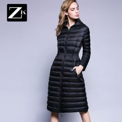 pdZK2018秋冬季超轻薄羽绒服女装连帽过膝中长款韩版修身外套新款