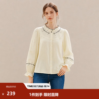茵曼 纯棉法式田园木耳边立领衬衫女2026秋季气质几何绣花长袖衬衣 杏色 XL