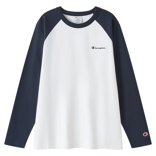 Champion 全棉撞色插肩袖长袖T恤 白色藏青色拼接 M