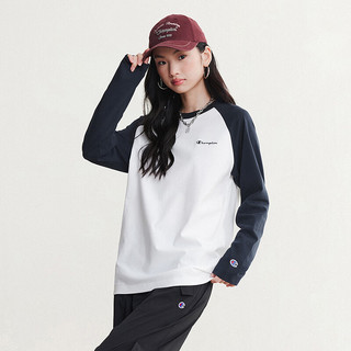 Champion 全棉撞色插肩袖长袖T恤 白色藏青色拼接 M