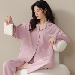 FOURDATRY 棉感睡衣女春秋款棉感长袖秋冬大码可外穿妈妈家居服套装