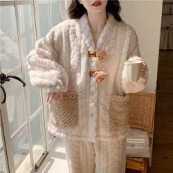 FOURDATRY 轻奢2025新款珊瑚绒睡衣女秋冬季加厚加绒保暖法兰绒奶呼呼冬天家