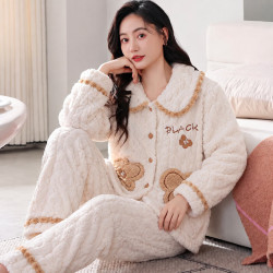 FOURDATRY 珊瑚绒睡衣女秋冬季加厚加绒冬天可外穿甜美法兰绒保暖家居服套装