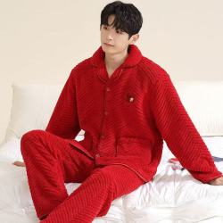 FOURDATRY 轻奢珊瑚绒男士睡衣秋冬季加绒加厚开衫大码法兰绒春秋款加厚保暖