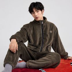 FOURDATRY 秋冬季睡衣男新款高领珊瑚绒加厚加绒家居服法兰绒拉链款保暖套装