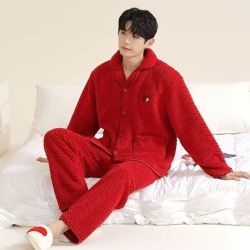 FOURDATRY 轻奢睡衣男士秋冬季珊瑚绒加厚款秋冬款加绒保暖家居服长袖法兰绒