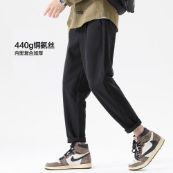 布衣传说 50支抗皱铜氨丝 秋冬款加厚休闲裤子男宽松直筒锥形长裤 黑色加厚 3XL