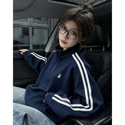 I.T it FGXX美式街头卫衣外套女秋冬重磅撞色拼接条纹立领夹克