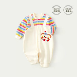 婧麒 婴儿衣服春秋假两件条纹背带裤外出服洋气连体男女宝宝秋季