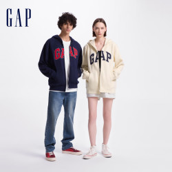 Gap 男女装碳素磨毛字母logo连帽抓绒卫衣上衣609115 米色 L (175/96A)亚洲尺码