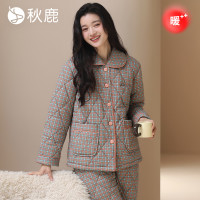 秋鹿 高质量百搭针织夹棉扣领女套格子保暖舒适家居服