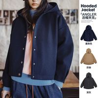 马登 毛呢感连帽外套廓形收腰休闲夹克女士开衫短款呢子大衣秋冬女上装 藏青色 L (120-130斤/卡码拍小)