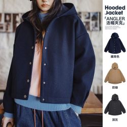 马登 毛呢感连帽外套廓形收腰休闲夹克女士开衫短款呢子大衣秋冬女上装 藏青色 L (120-130斤/卡码拍小)