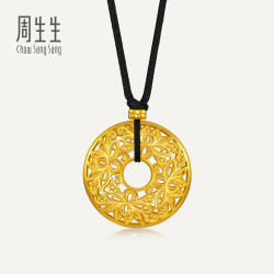 周生生华宇足金古法黄金东方古祖莲花平安扣吊坠项链配绳90505Z