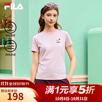 斐乐 官方女子针织短袖衫2026春新款凉感时尚休闲小猫刺绣圆领T恤 赤粉色-PK XL 175/92A/XL