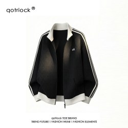 QOTRIOCK 美式三条杠撞色立领夹克男女秋季学院风运动开衫宽松百搭情侣外套