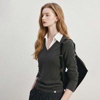 移动端：b+ab it b+ab2026秋季新款假两件翻领针织打底衫女拼接白衬衫长袖上衣