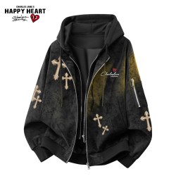 CHARLES JANG'S HAPPY HEART 复古PU皮连帽夹克男女春秋季新款街头百搭假两件外套潮