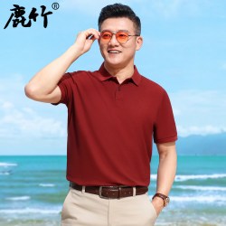 鹿竹 爸爸夏装红色短袖t恤中年男士纯棉POLO衫中老年人男装夏季上衣服