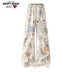 CHARLES JANG'S HAPPY HEART 美式扎染打褶休闲裤男女春秋季工装裤复古宽松伞兵裤子