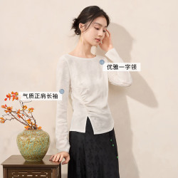 香影 一字领正肩提花 白色 M 女士T恤