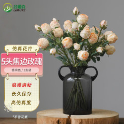 吕姆克 仿真花束假花摆件前台室内餐桌面装饰品5头焦边玫瑰香槟色3支4847