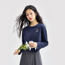 佐丹奴 秋季小清新花朵刺绣纯棉女式T恤打底套头衫针织圆领长袖T恤女款