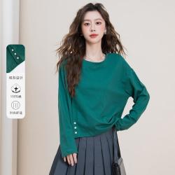 班尼路 100%棉早秋爆款纯色长袖T恤女别致纽扣设计宽松百搭舒适上衣