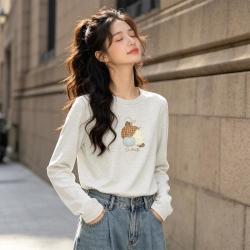 棉致 长袖t恤女秋季新款磨毛正肩长T内搭圆领减龄显瘦打底衫女式上衣